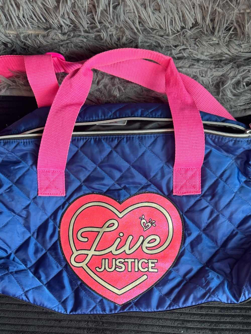 Justice Quilted Navy Duffel with Hot Pink Accents